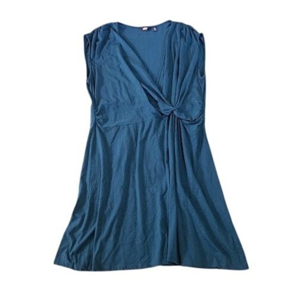 Lands End Faux Wrap Sleeveless Dress Women 2X Teal Blue Midi Stretch Classic